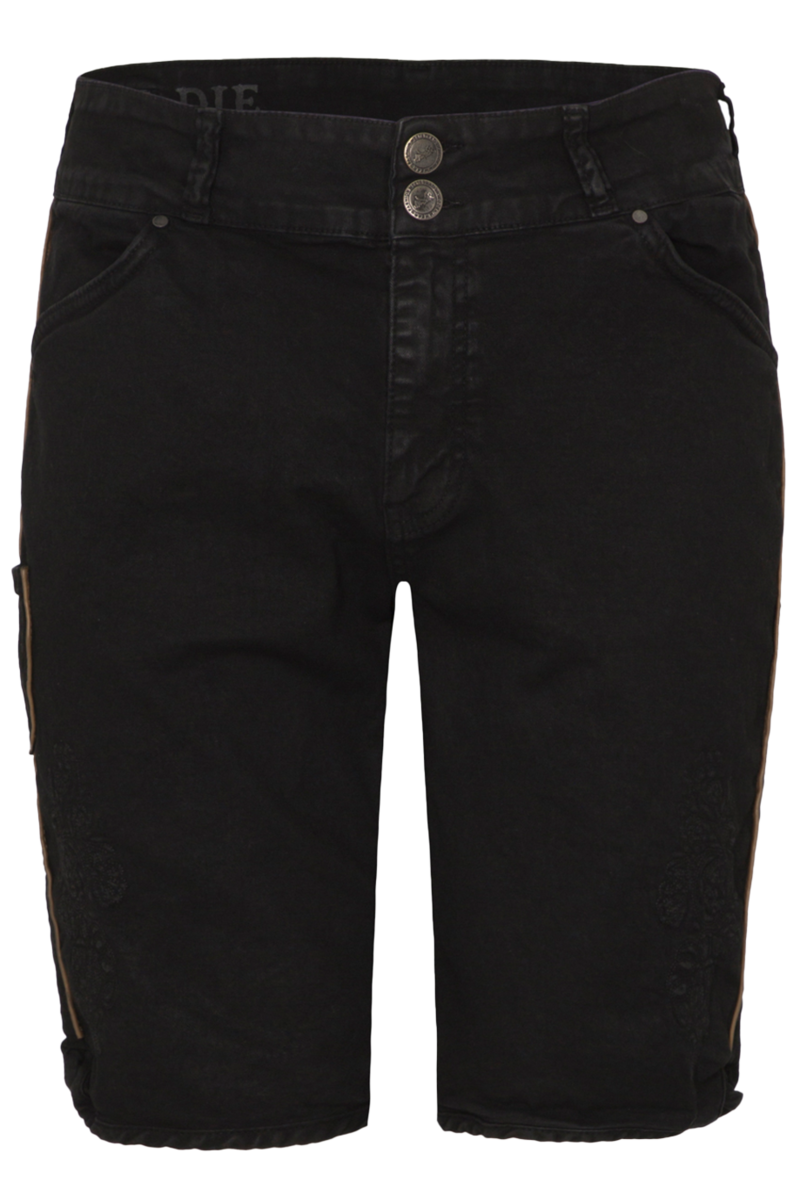 Herren Jeans-Bermuda Lederhose`mit Stickerei schwarz