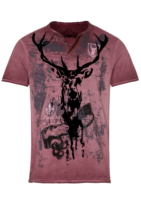 Herren T-Shirt mit geflocktem Hirsch weinrot